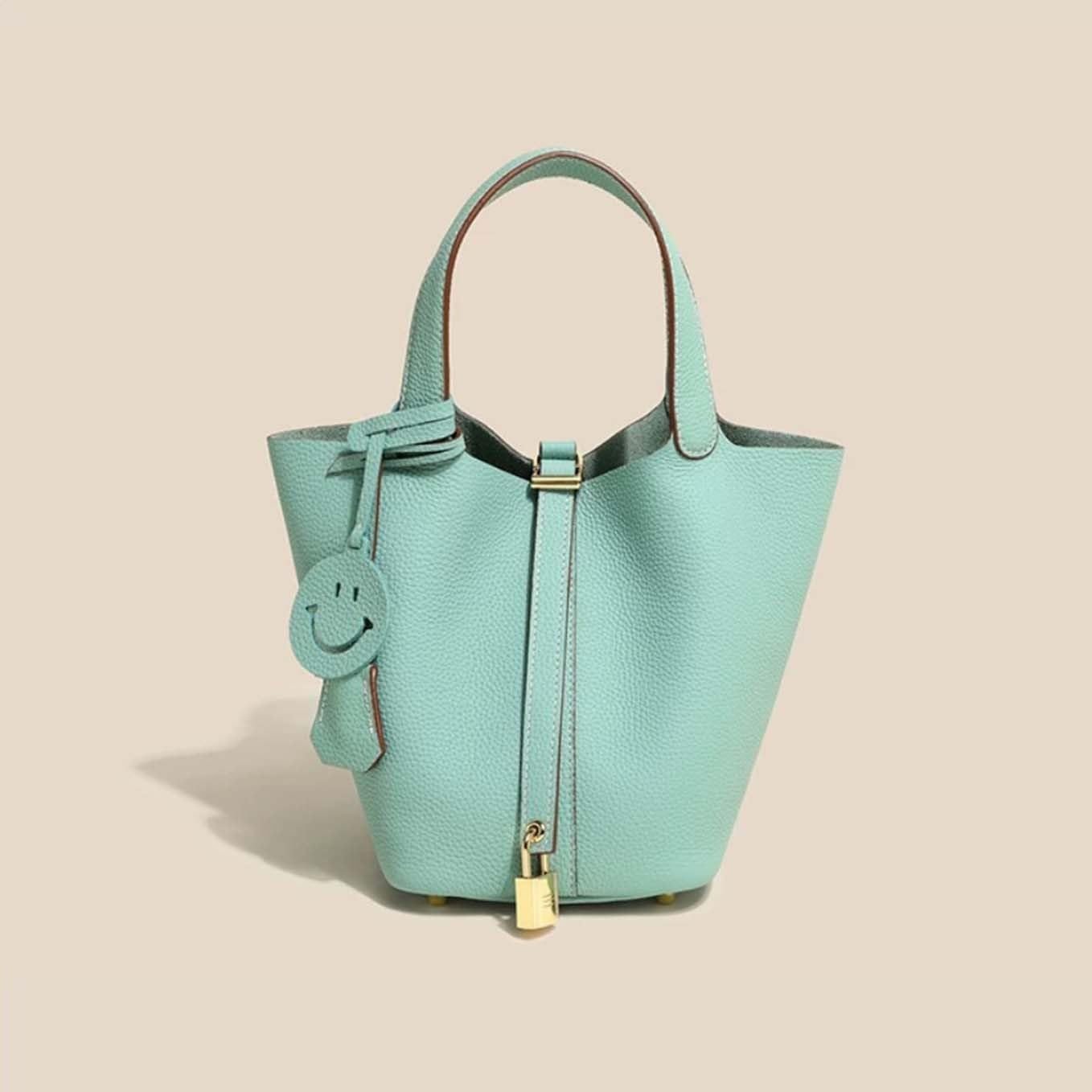 Genuine Leather-Handbags,Bucket-Vegetable Basket-Elegant & Fashionable- with Lock-Portable,fashion-Female Bag