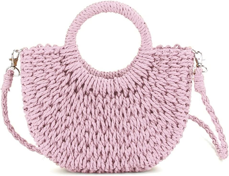 Mini Semi-circle Rattan Straw Bag, Hand-woven Women Summer Retro Beach Tote Shoulder Bag Crossbody Travel Beach Bag