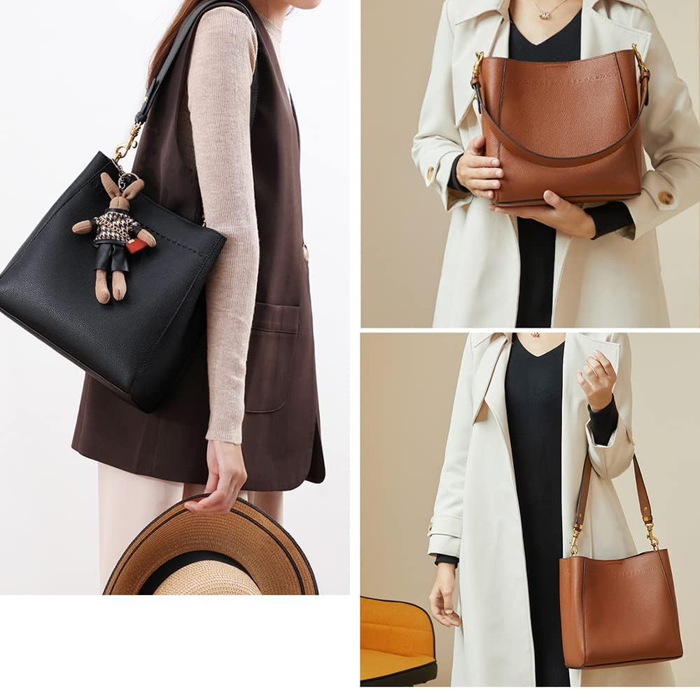 Leather Bucket Tote Bags for Women Designer Shoulder Hobo Purse and Handbags with Detachable Wide Strap