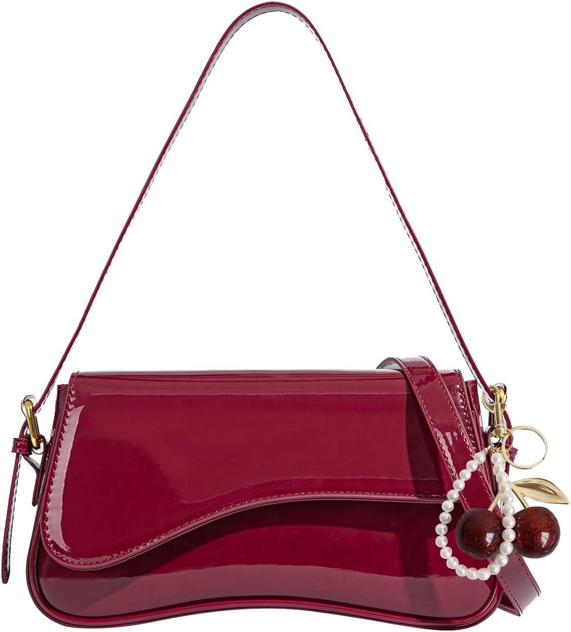 Women's Stylish Black Bags | Y2K-Style Faux Leather Clutch (with Cherry Charm) | Crossbody, Shoulder & Handbag