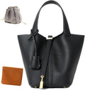 Genuine Leather Lock Design Bucket Bag Vegetable Basket, Fashionable and Versatile Shoulder Handbag