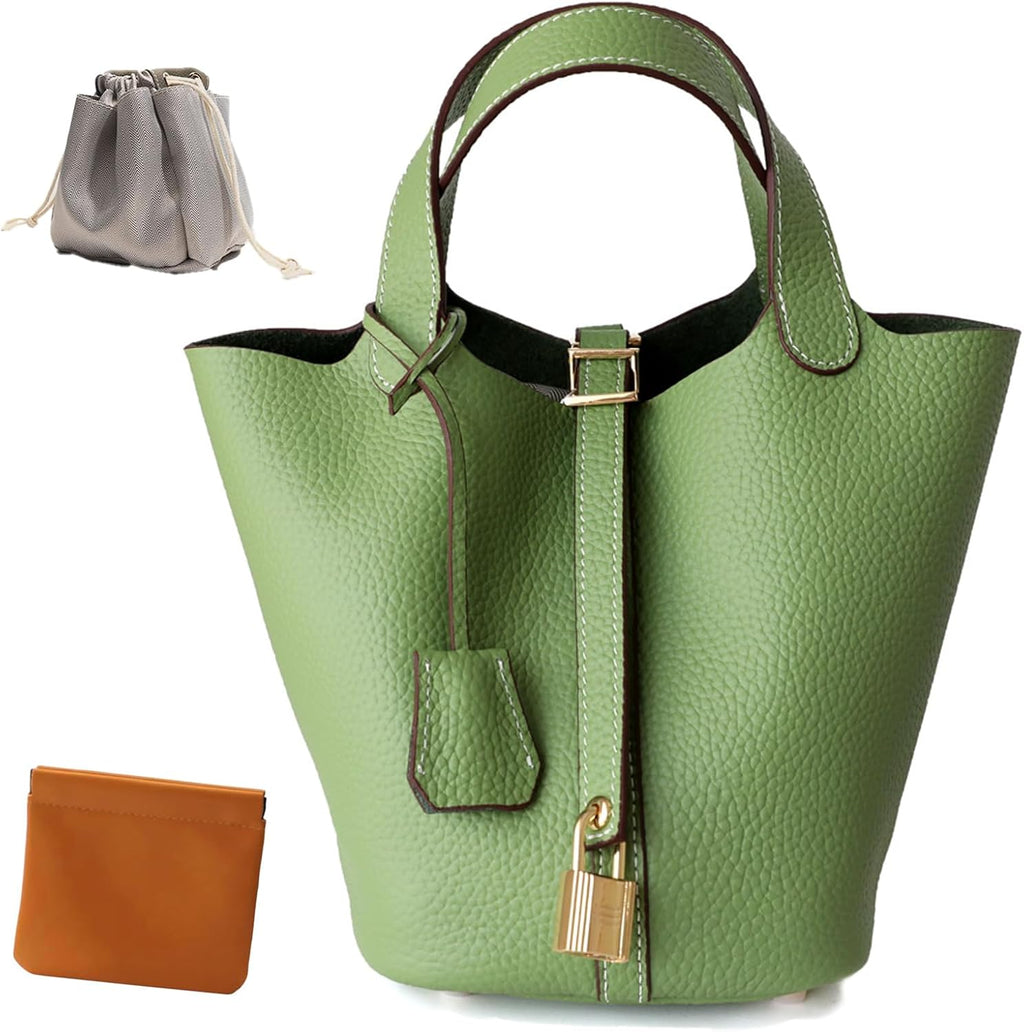 Genuine Leather Lock Design Bucket Bag Vegetable Basket, Fashionable and Versatile Shoulder Handbag