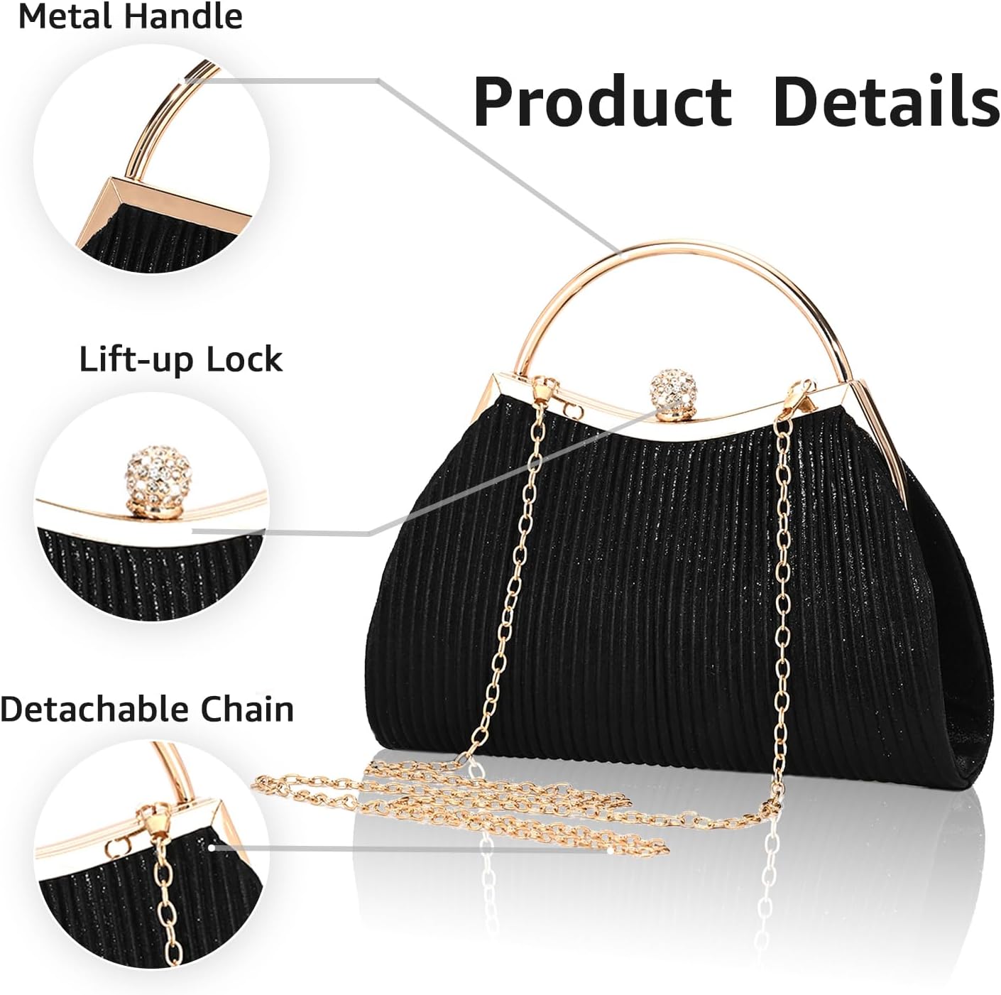 Evening Bag for Women Sparkly Handbag with Chain, Women's Shoulder Bag Pleated Clutch Purse for Wedding, Prom, Party