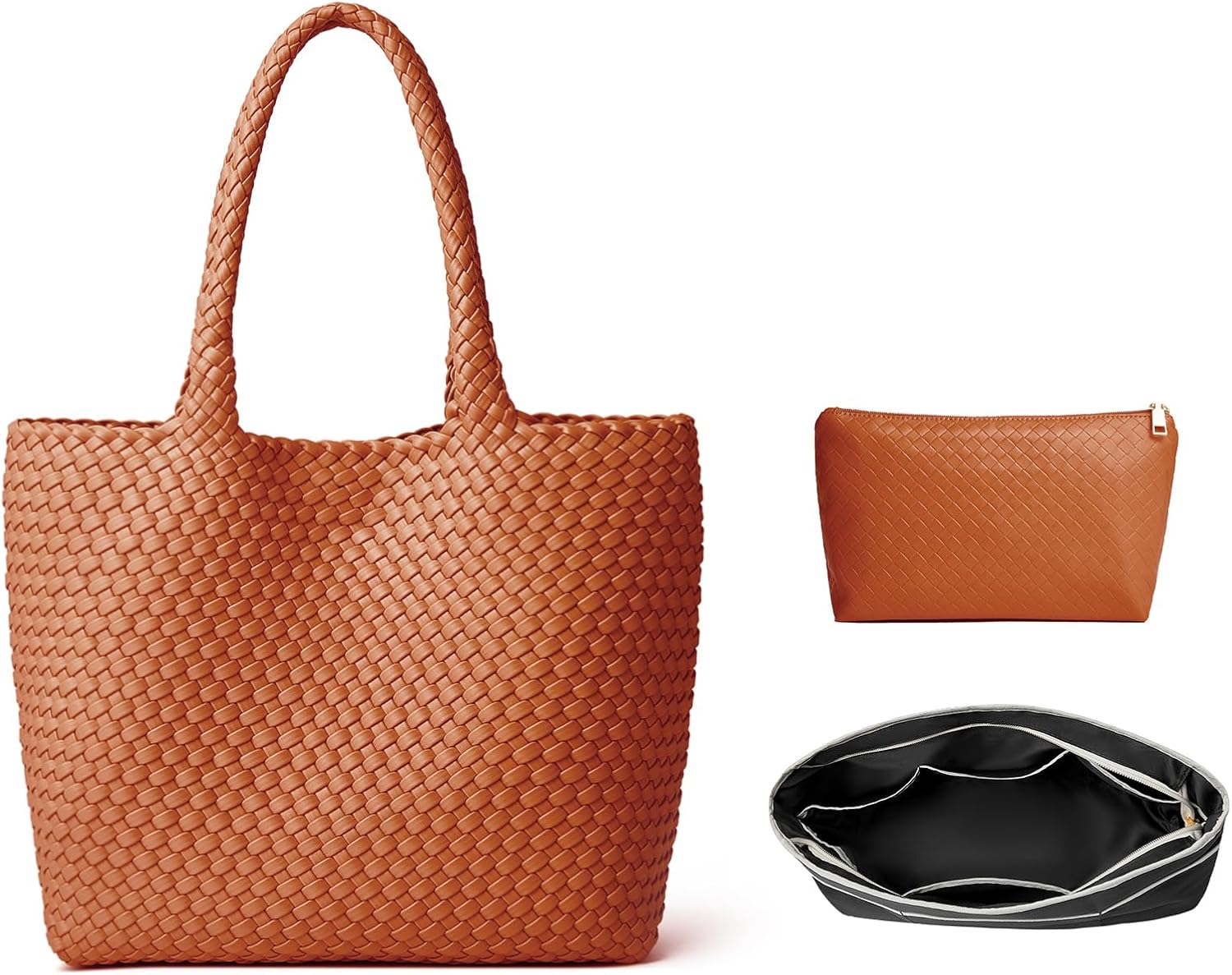 Fashion Woven Tote Bag For Women Soft Hobo Weave Shoulder Purse With Insert Organizer