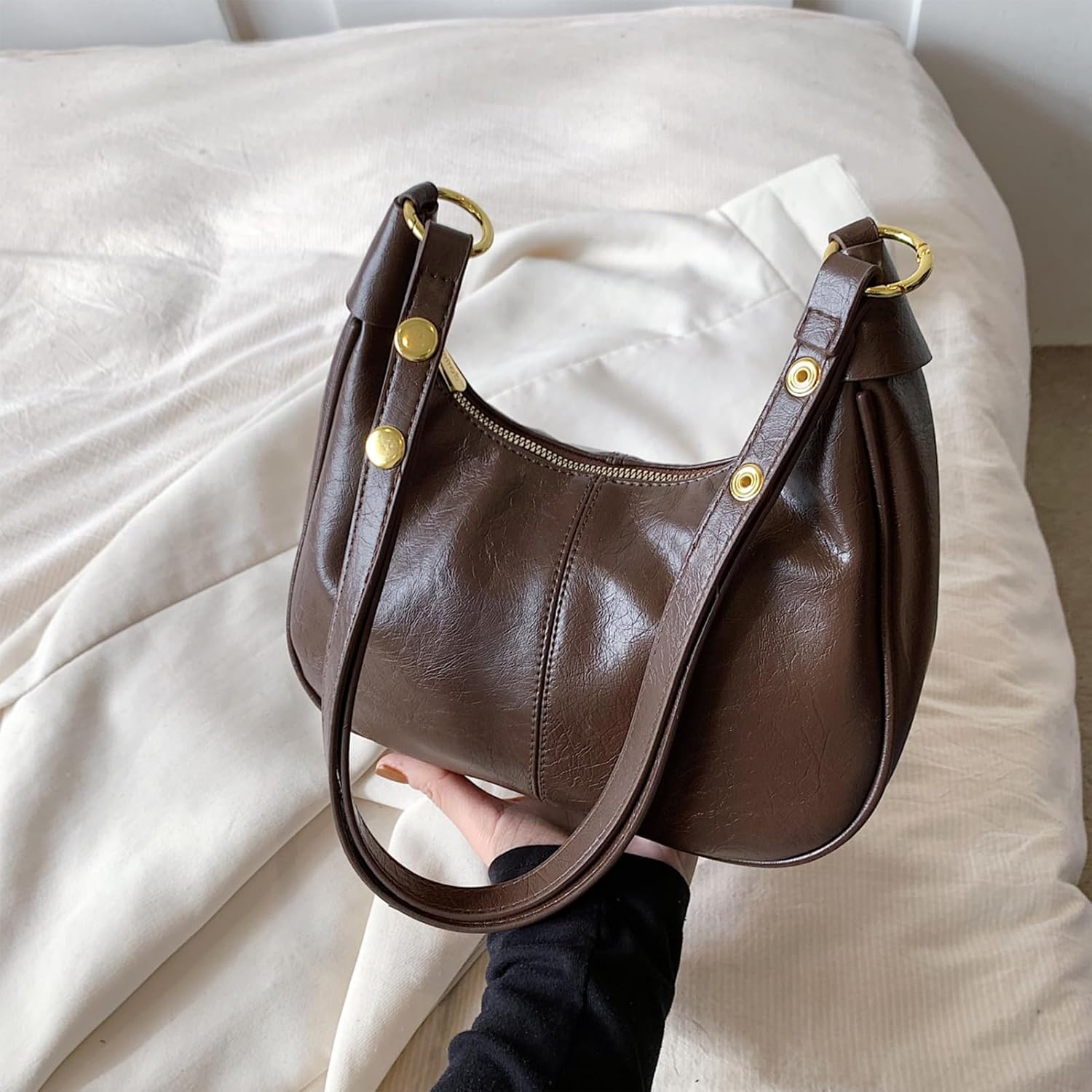 Women's Shoulder Bag | Small Bag | Half-Moon Vintage-Style Handbag | Zippered Mini Clutch