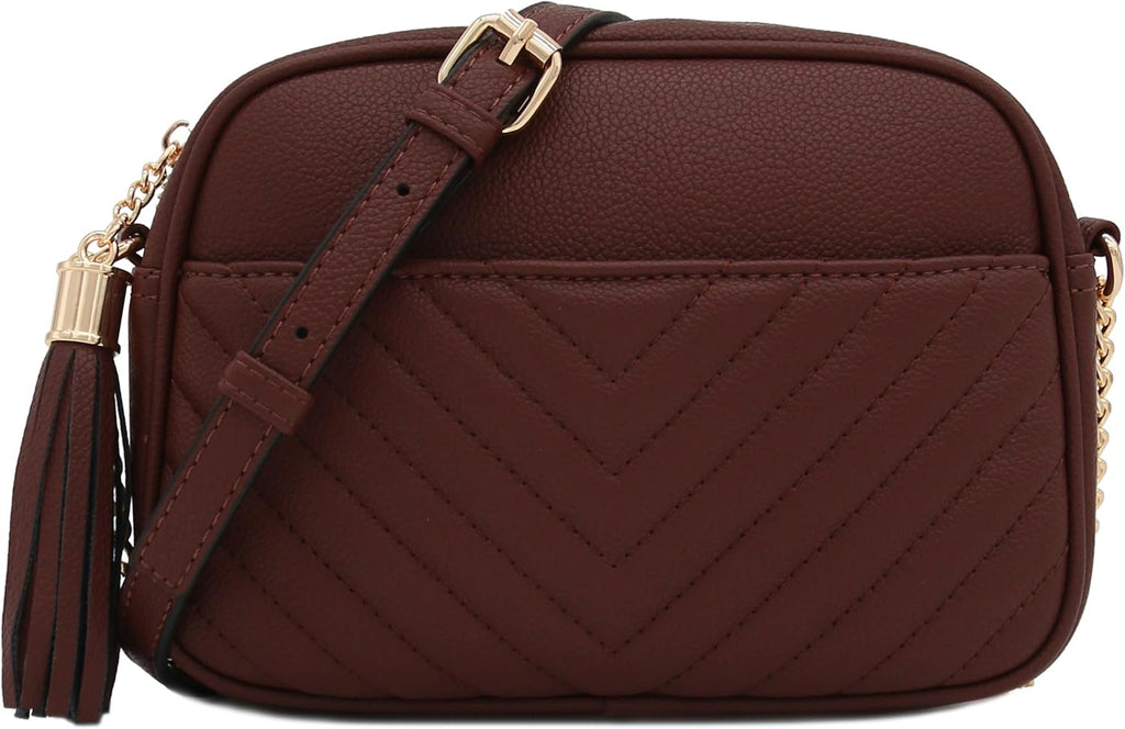 Chevron QuiltedCamera Bag with Chain Strap and Tassel