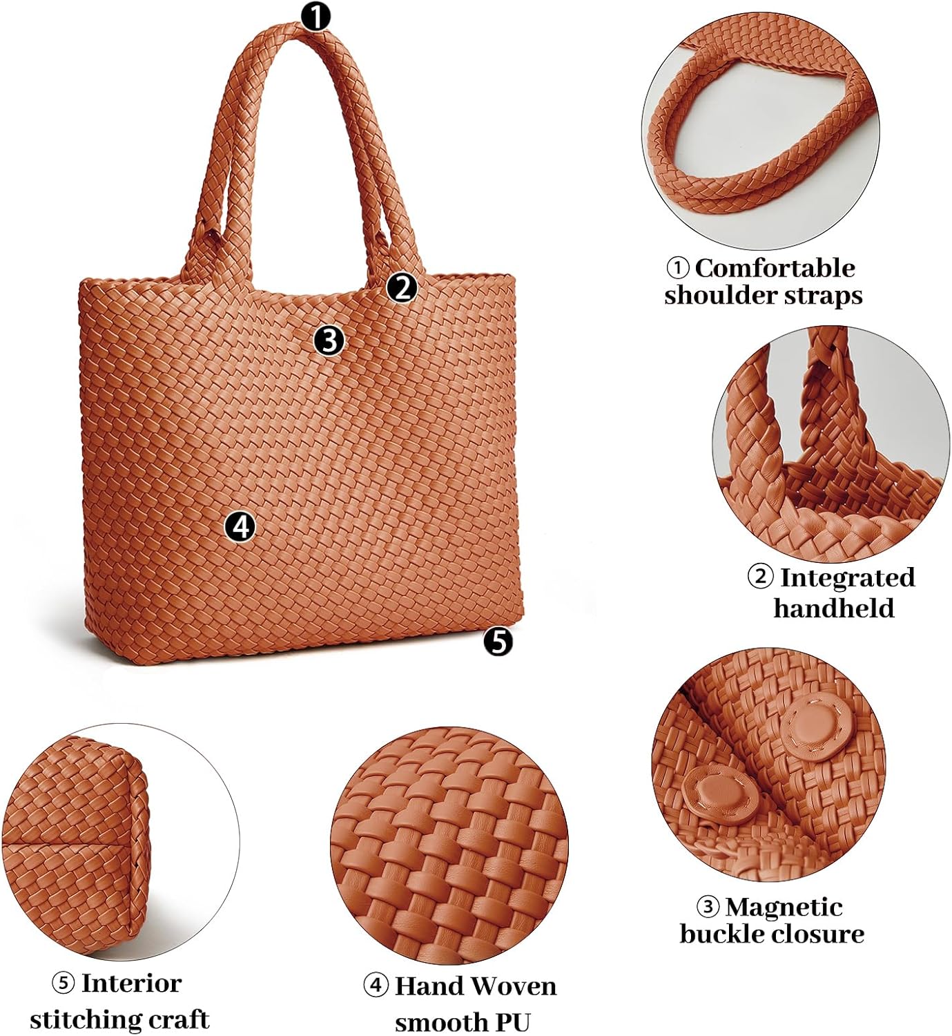 Fashion Woven Tote Bag For Women Soft Hobo Weave Shoulder Purse With Insert Organizer