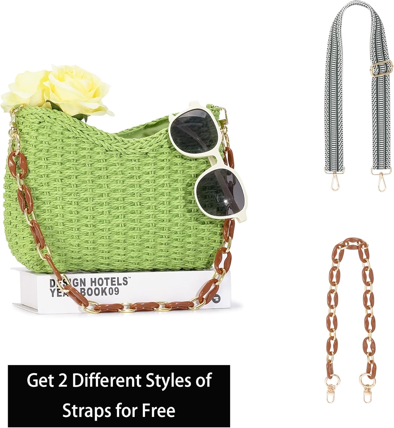 Small Handmade Straw Pocketbook Crossbody Bag for Women, Summer Chic Woven Handbag Shoulder Purse with Chain