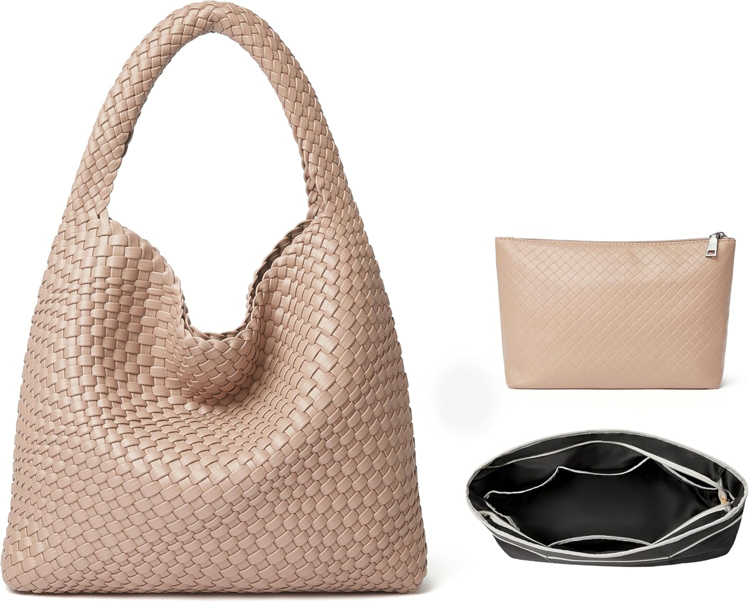Fashion Woven Tote Bag For Women Soft Hobo Weave Shoulder Purse With Insert Organizer