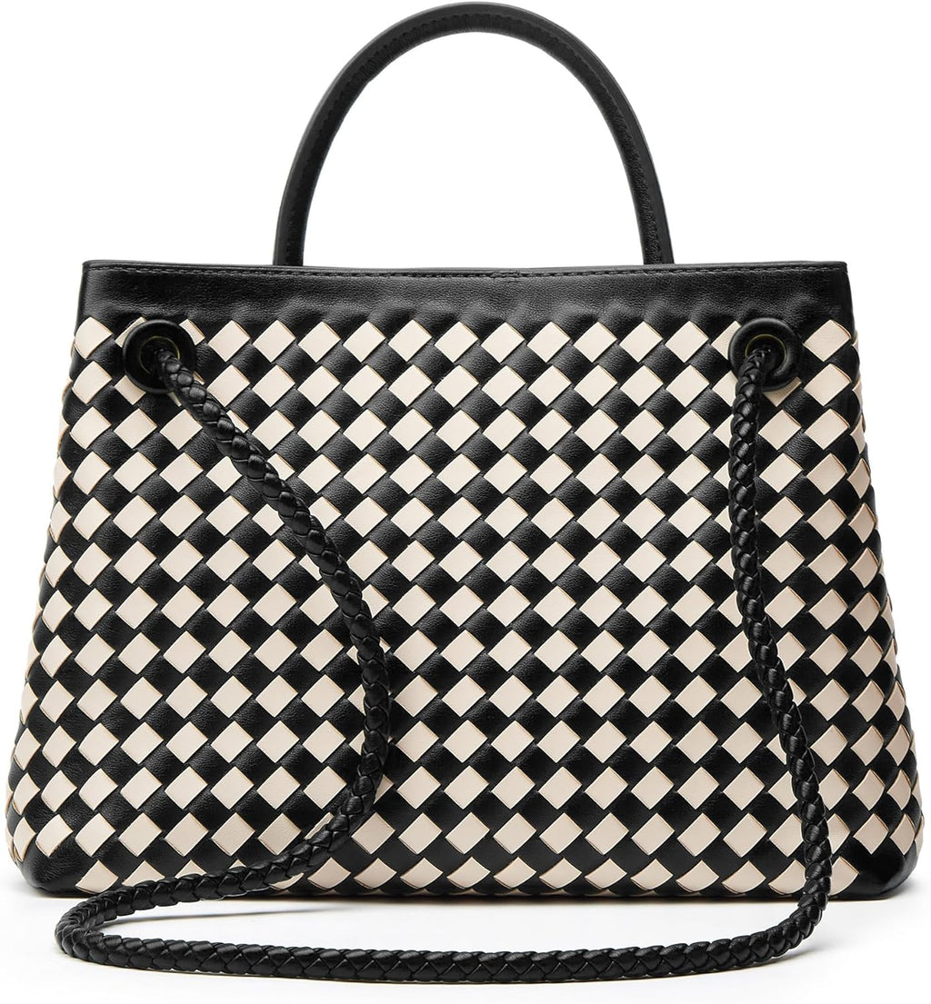 Woven Bag for Women Shoulder Purse: Vegan Leather Handbag - Handmade Tote Bag - Elegant Satchel Bag with Bowknot