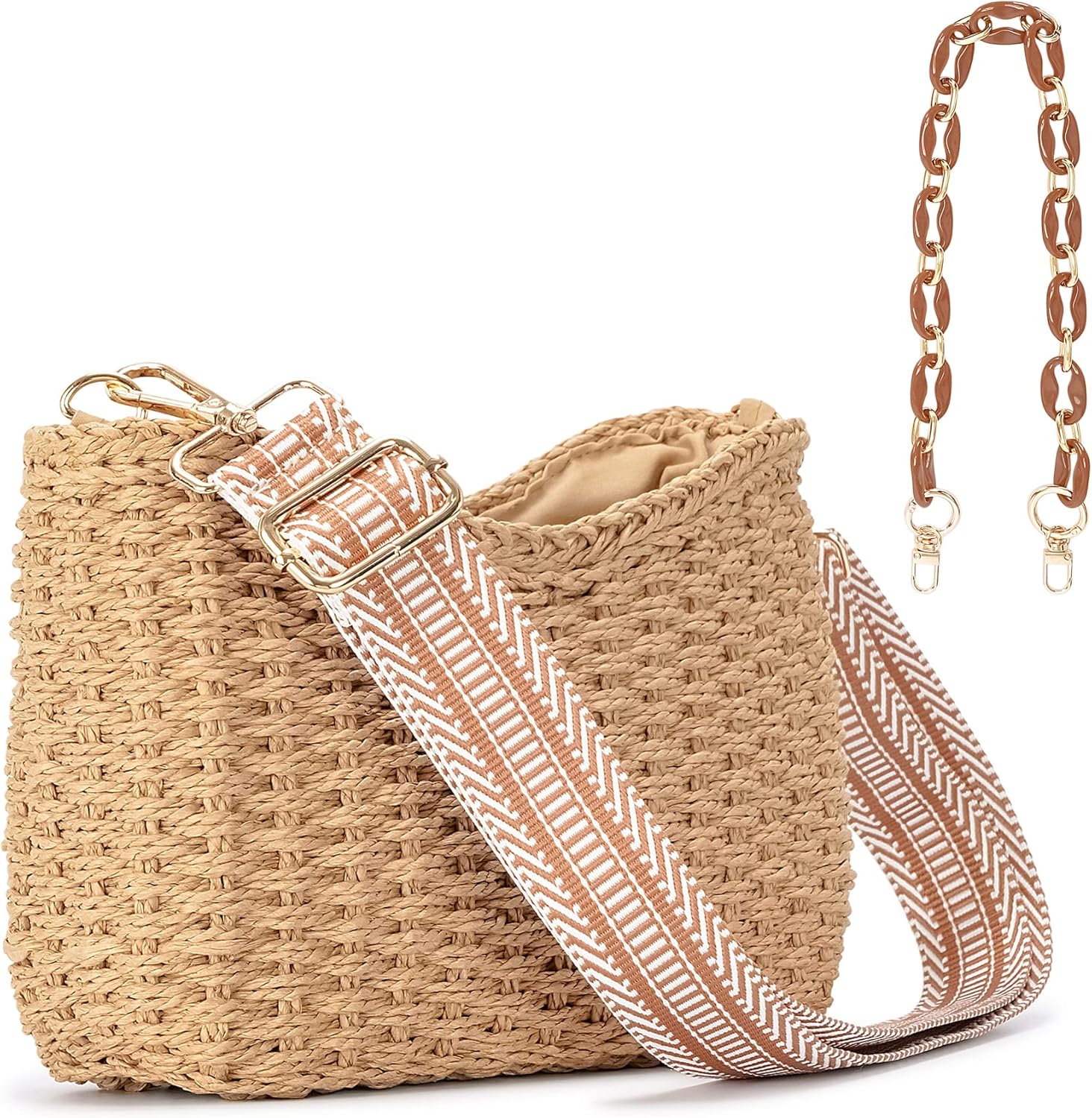 Small Handmade Straw Pocketbook Crossbody Bag for Women, Summer Chic Woven Handbag Shoulder Purse with Chain