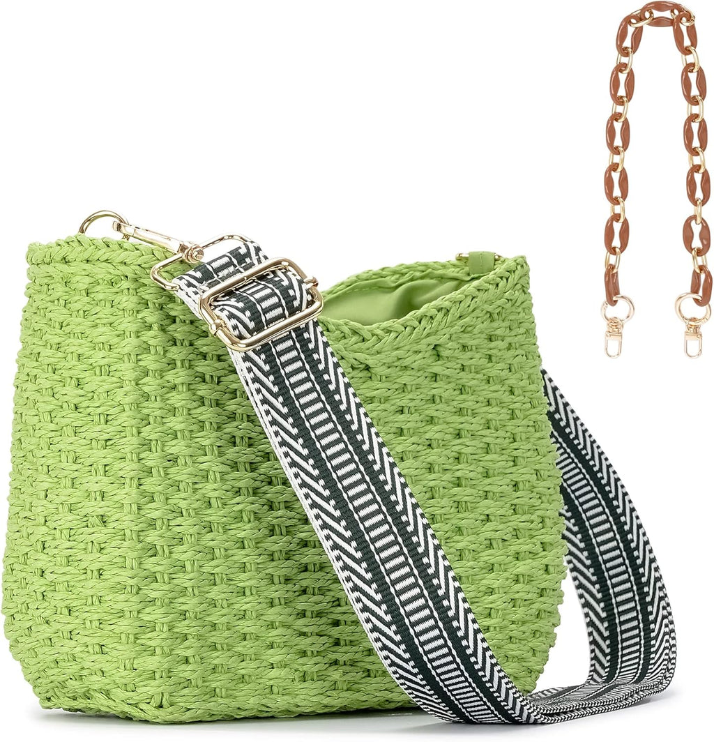 Small Handmade Straw Pocketbook Crossbody Bag for Women, Summer Chic Woven Handbag Shoulder Purse with Chain