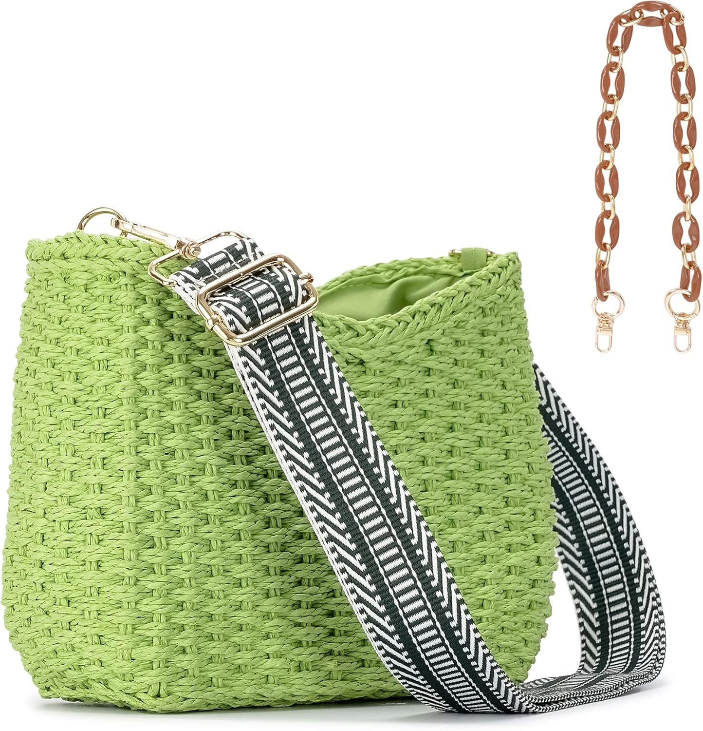 Small Handmade Straw Pocketbook Crossbody Bag for Women, Summer Chic Woven Handbag Shoulder Purse with Chain