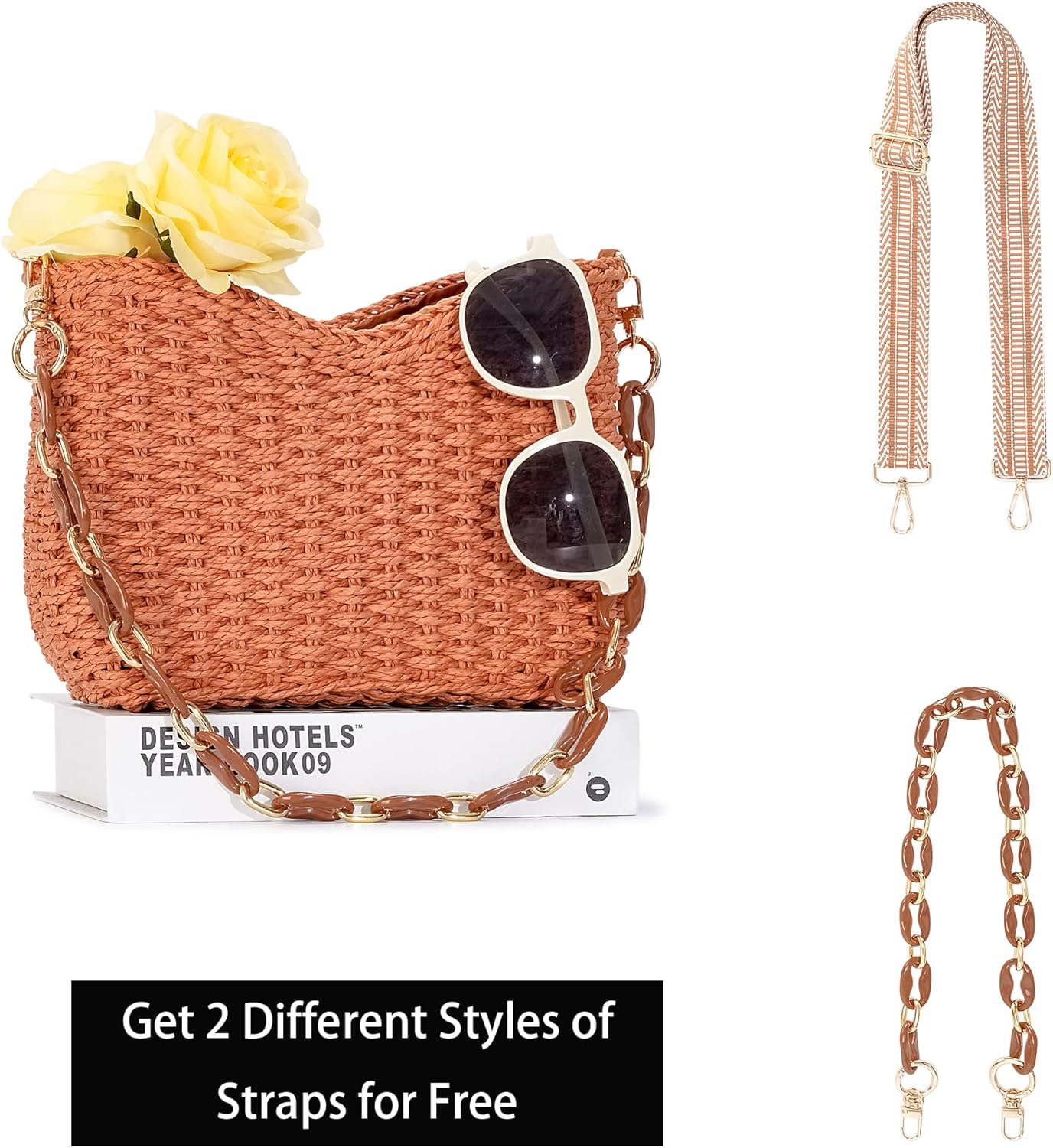 Small Handmade Straw Pocketbook Crossbody Bag for Women, Summer Chic Woven Handbag Shoulder Purse with Chain