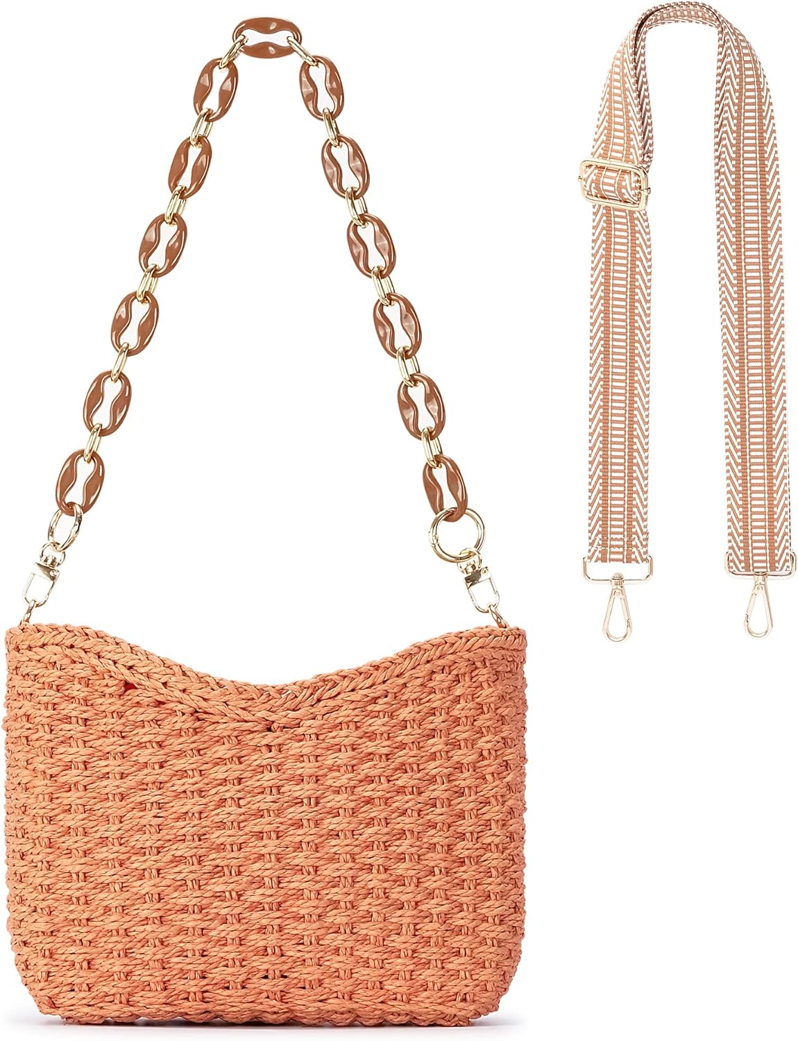 Small Handmade Straw Pocketbook Crossbody Bag for Women, Summer Chic Woven Handbag Shoulder Purse with Chain