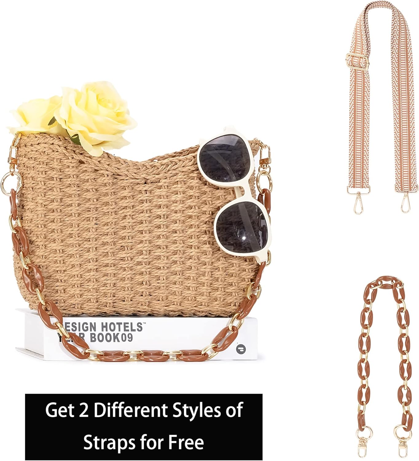 Small Handmade Straw Pocketbook Crossbody Bag for Women, Summer Chic Woven Handbag Shoulder Purse with Chain