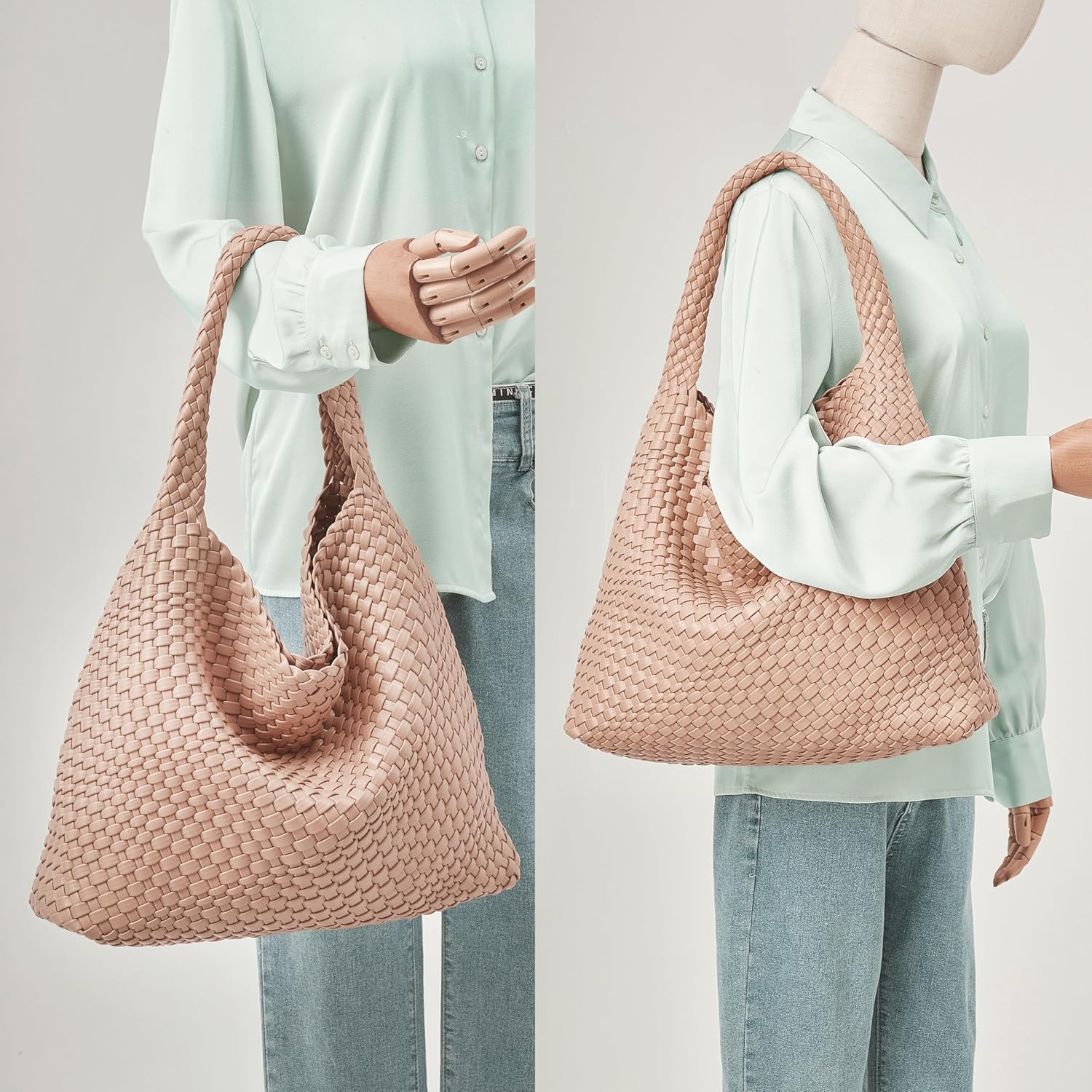 Fashion Woven Tote Bag For Women Soft Hobo Weave Shoulder Purse With Insert Organizer